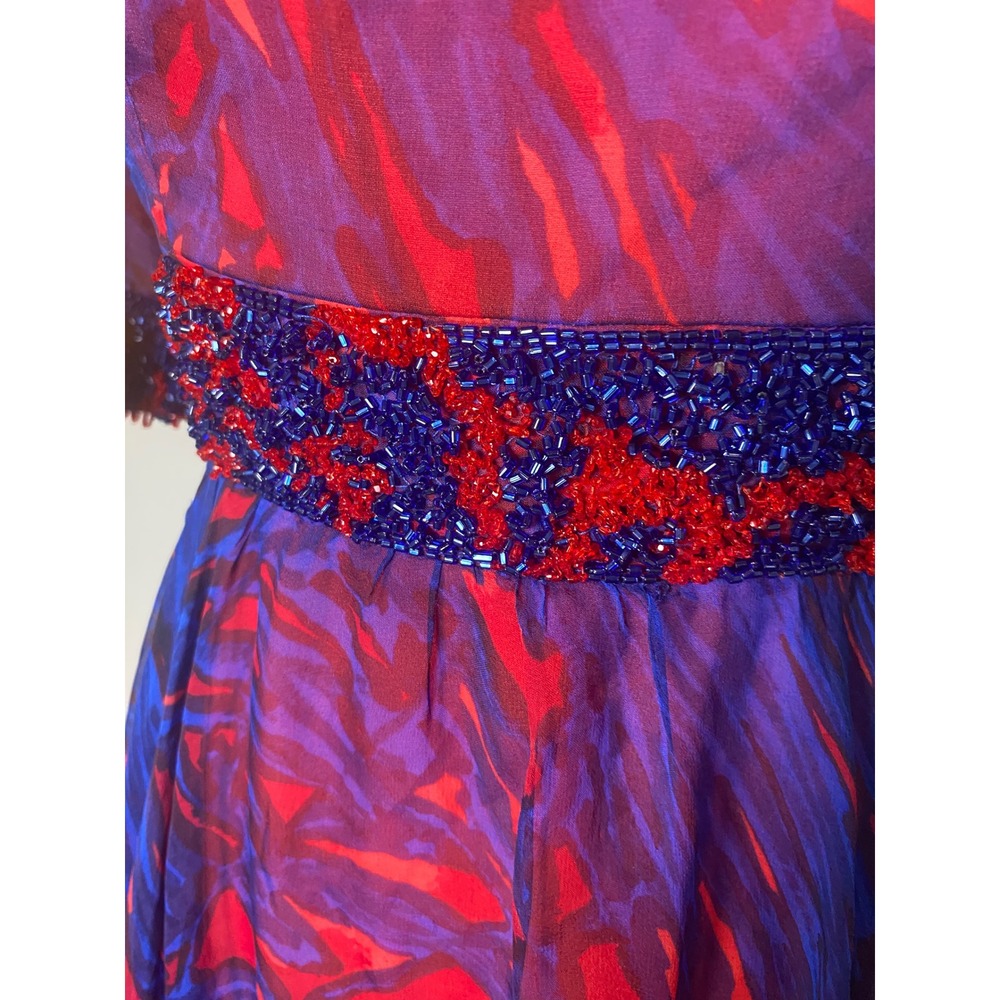 Vintage 60's Silk Chiffon Beaded Dress Blue Red Abstract Print Cocktail S - Picture 5 of 9